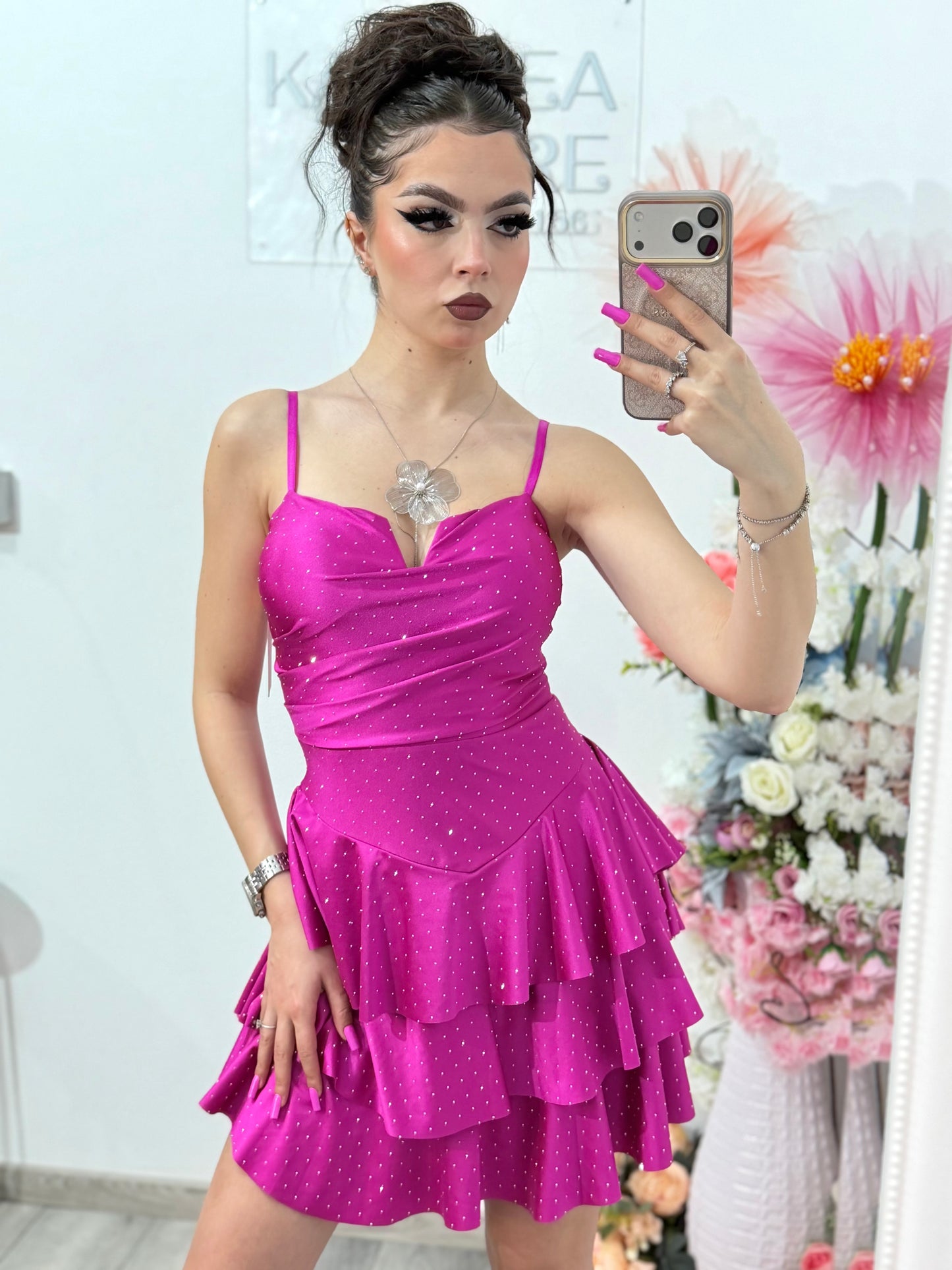 Rochie scurta fucsia cu cristale ștanțate ZONIA