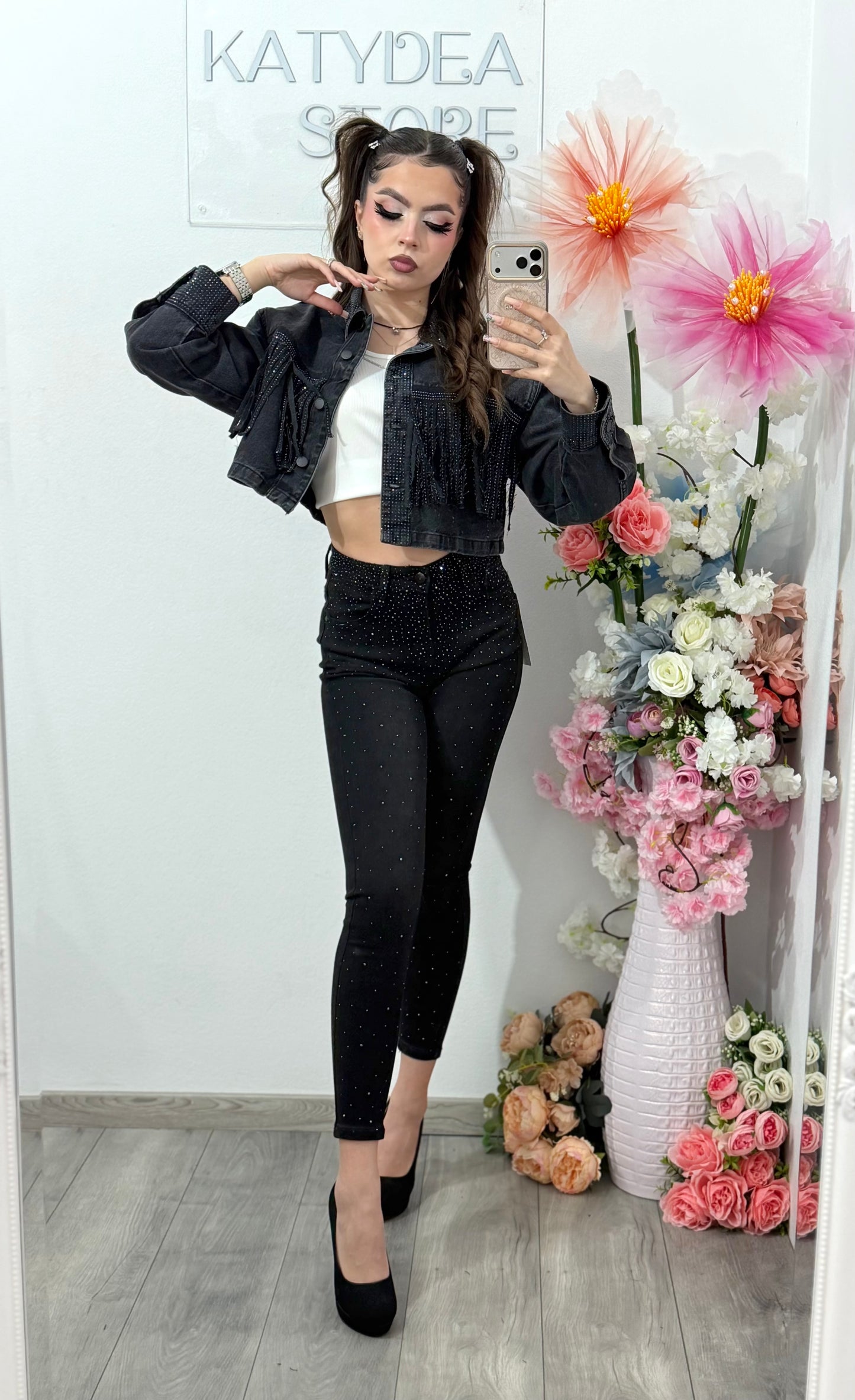 Jeans skinny negri cu cristale ROXANA