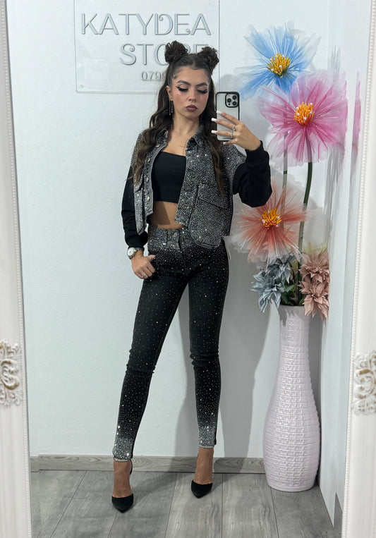 Jeans skinny gri cu cristale Oliva