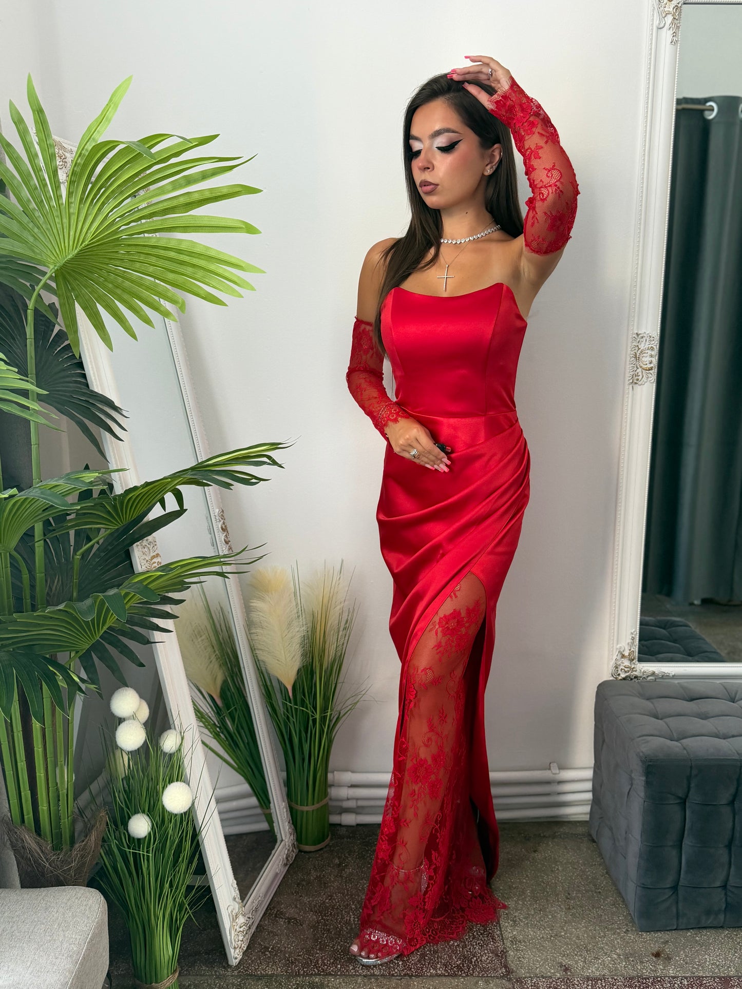 Rochie din tafta și dantelă roșie ELEGANCE