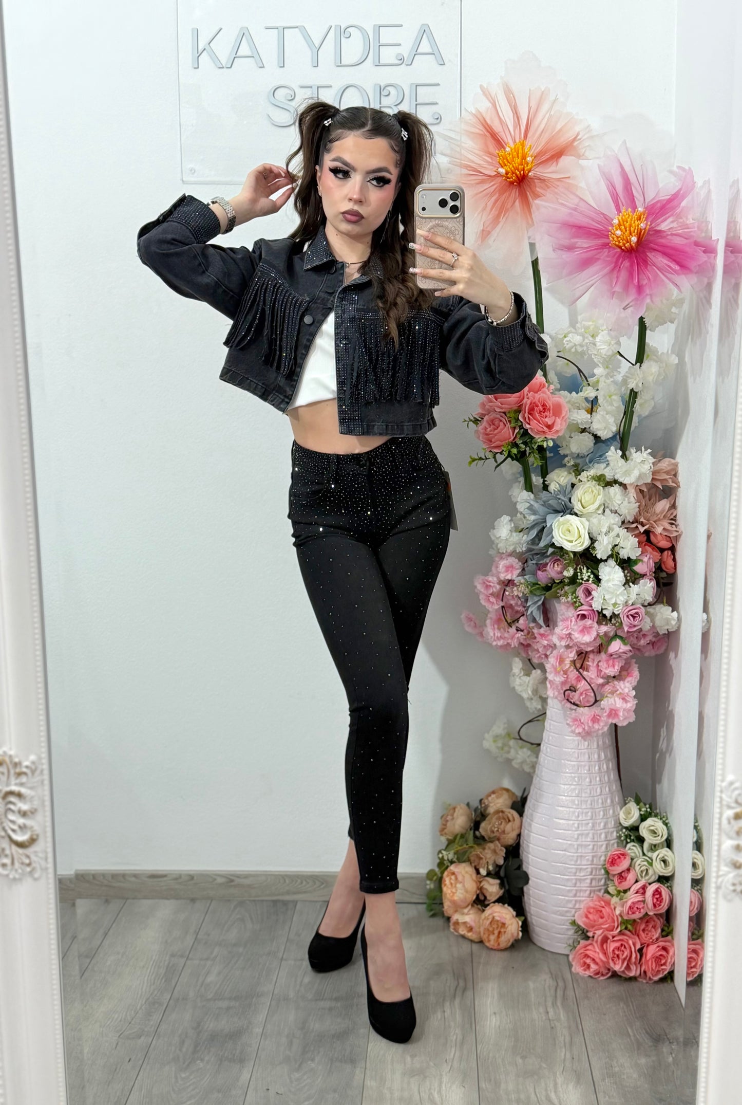 Jeans skinny negri cu cristale ROXANA