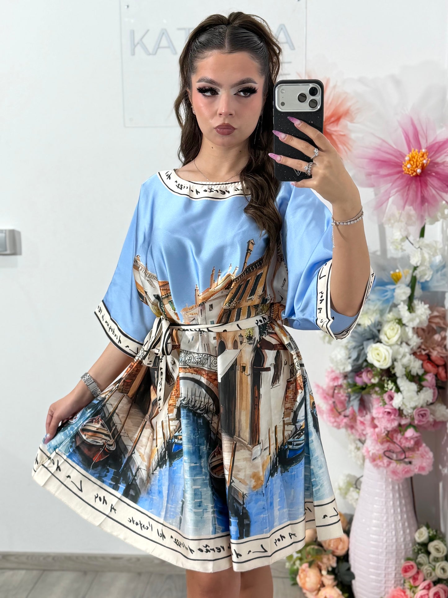 Rochie satinata cu imprimeu bleu RAYSA