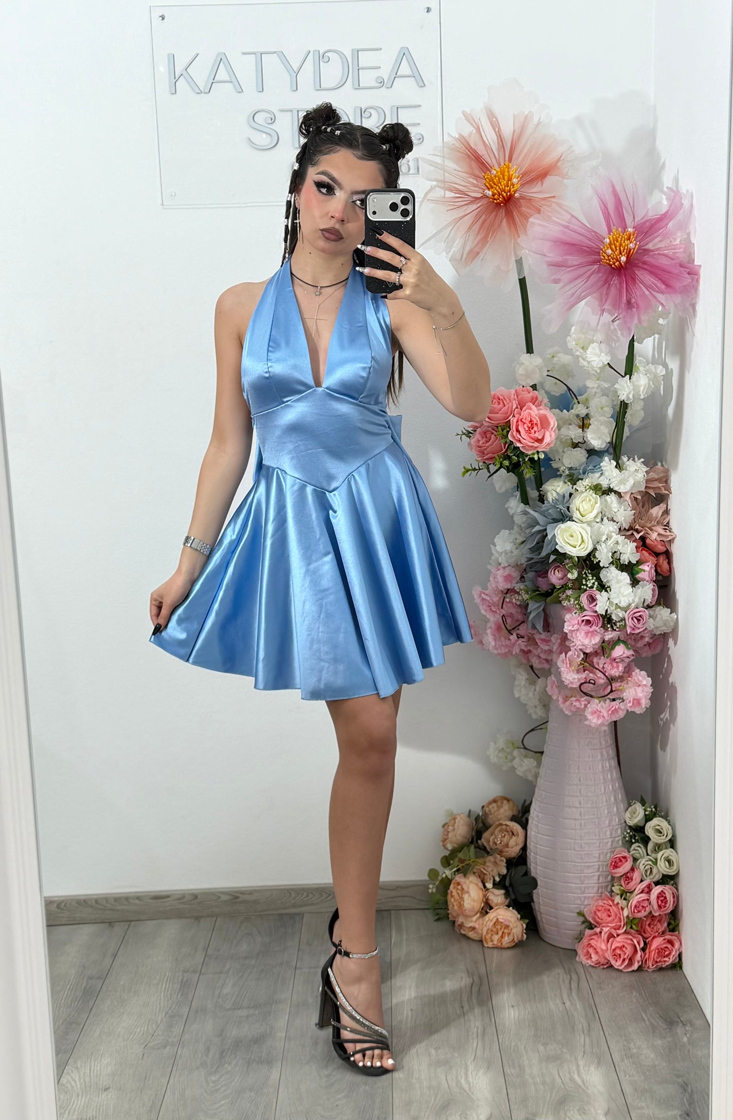 Rochie satinata cu funda BELLE babyblue