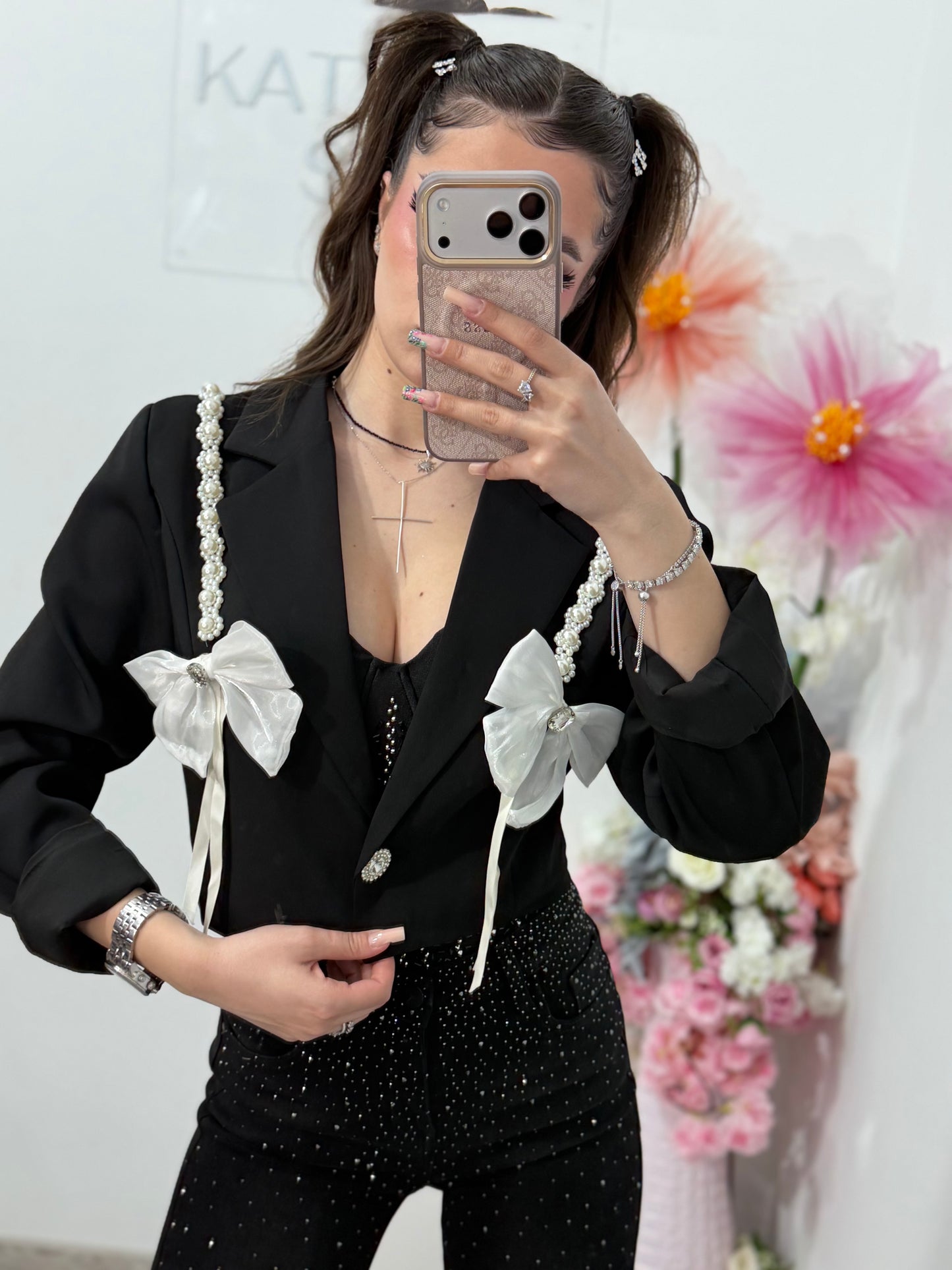 Sacou cropped cu fundițe si perle ANA