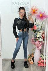 Jeans skinny  albastri cu cristale ROXANA