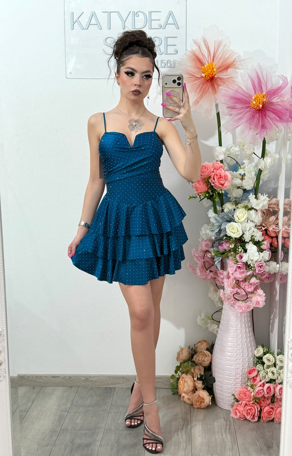 Rochie scurta turcoaz cu cristale ștanțate ZONIA