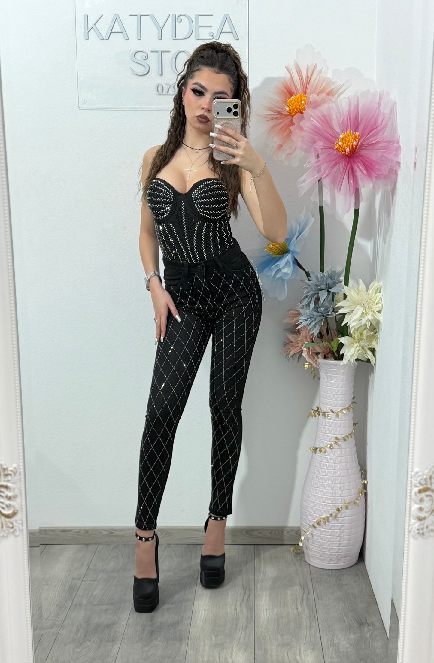 Jeans skinny negri cu cristale MARA