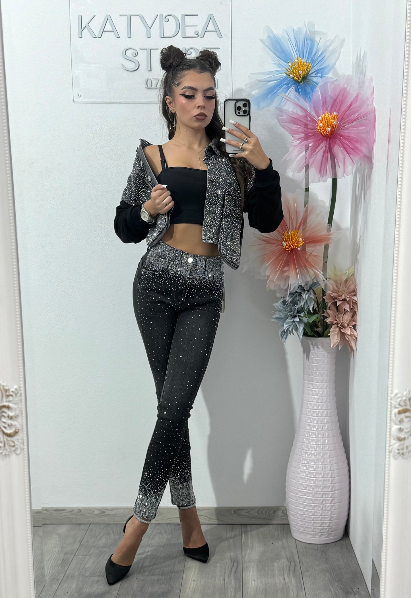 Jeans skinny gri cu cristale Oliva