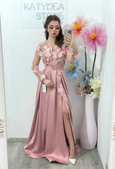 Rochie lunga din tafta roz cu dantela 3D AnaSofia