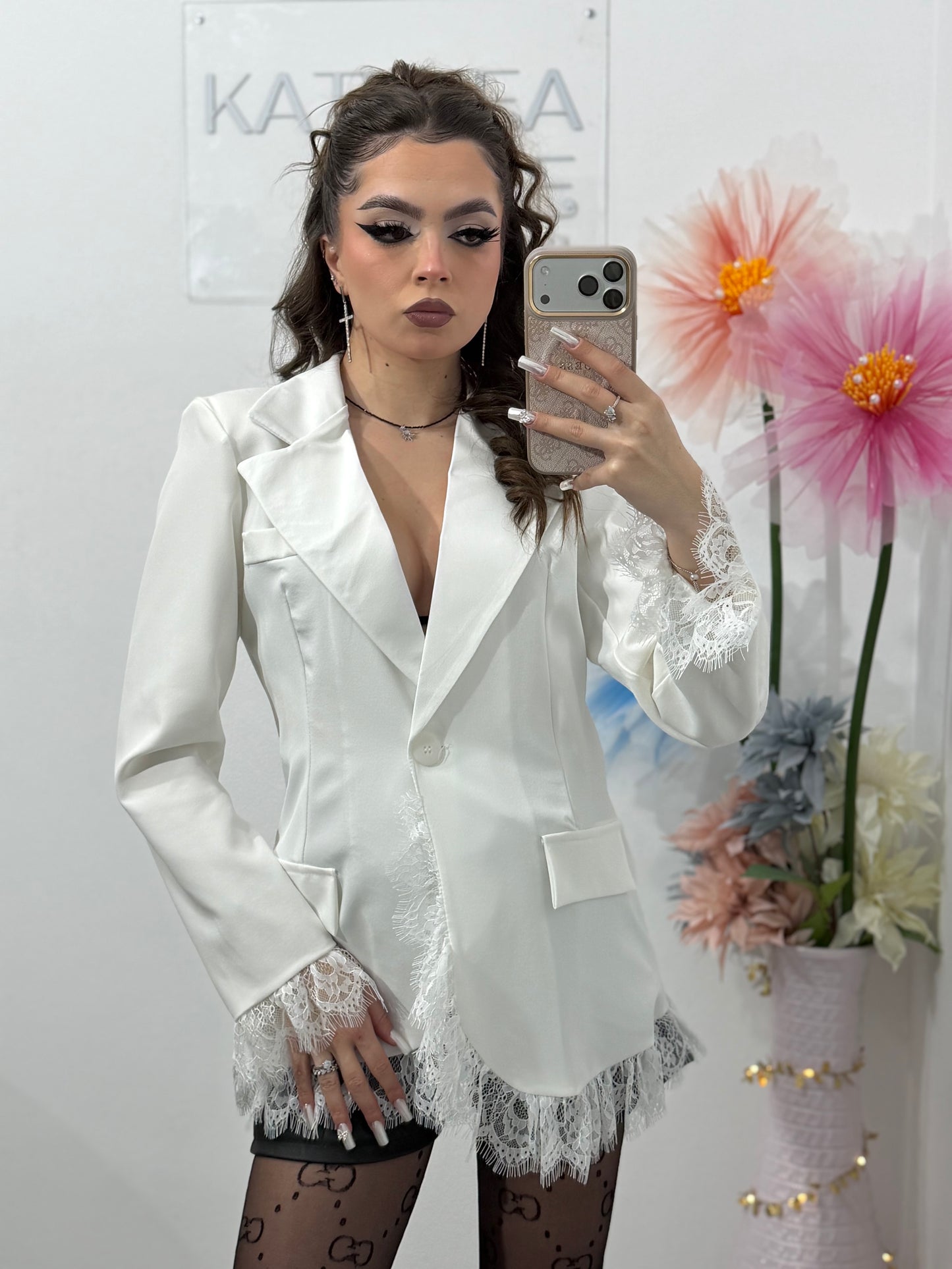 Sacou elegant cu dantelă alb HELENA