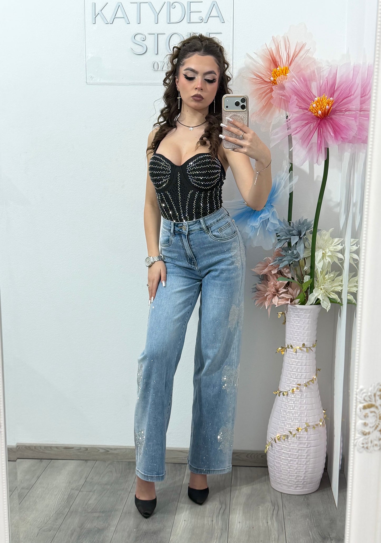 Blugi WideLeg albaștri cu fundițe ștanțate