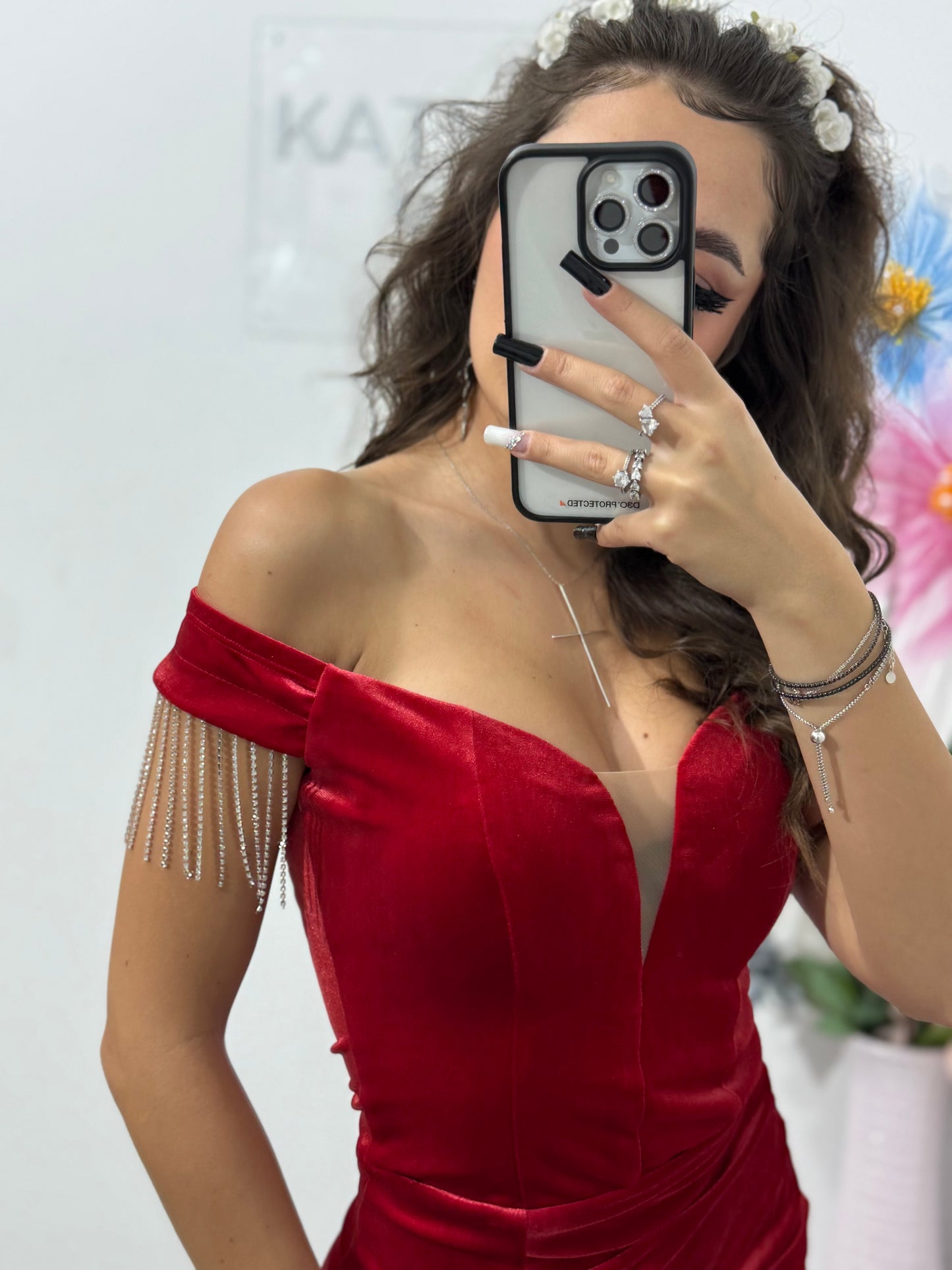 Rochie elegantă rosie din catifea, cu umeri goi și despicătură pe picior Lolita