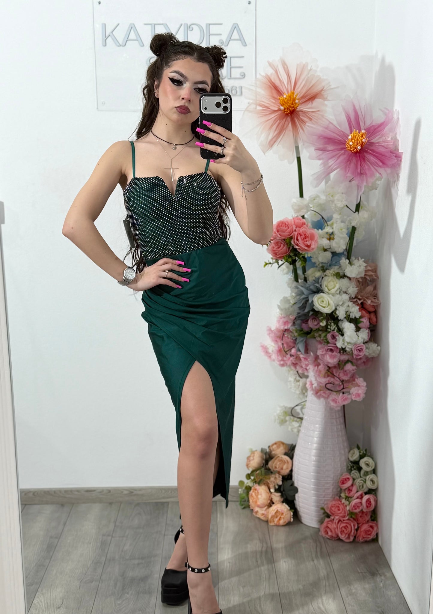 Rochie midi cu cristale verde smarald DELIA