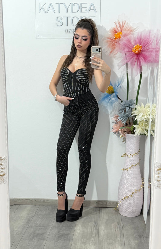 Jeans skinny negri cu cristale MARA