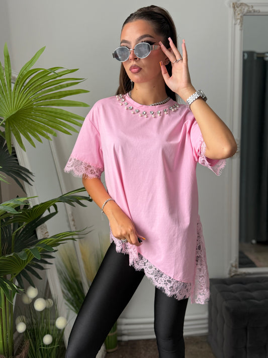 Tricou cu dantelă roz SARA