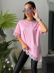 Tricou cu dantelă roz SARA