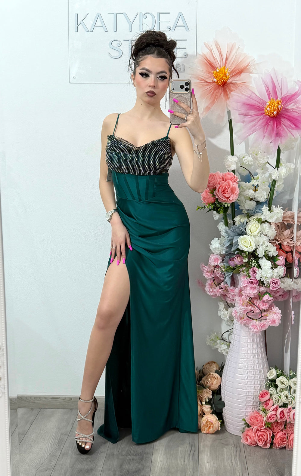 Rochie elegantă cu cristale verde smarald Katherine