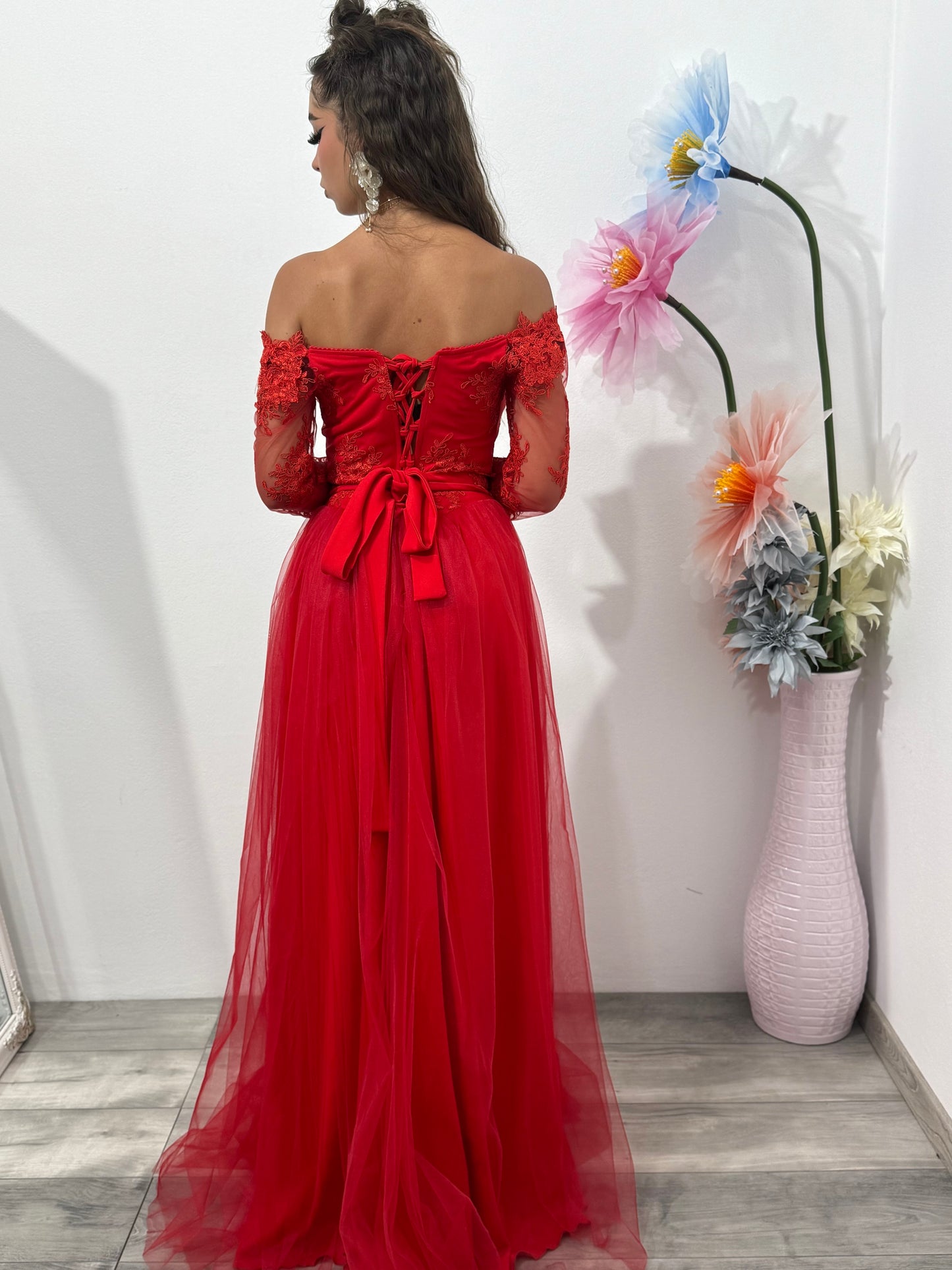 Rochie rosie de seara lunga Vivian din tulle si dantela