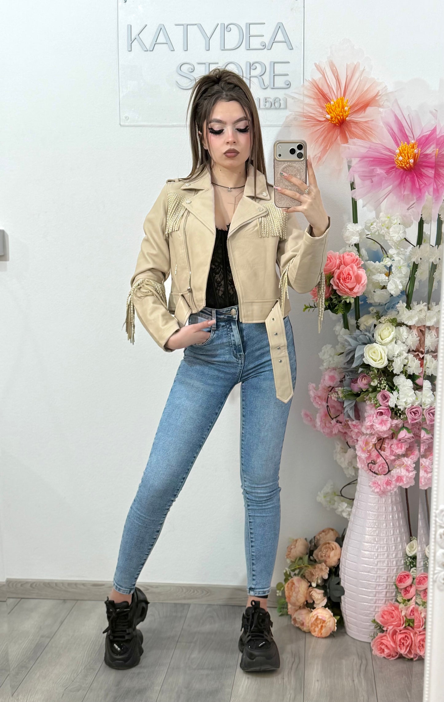 Geacă din imitație de piele cu franjuri bej MARA