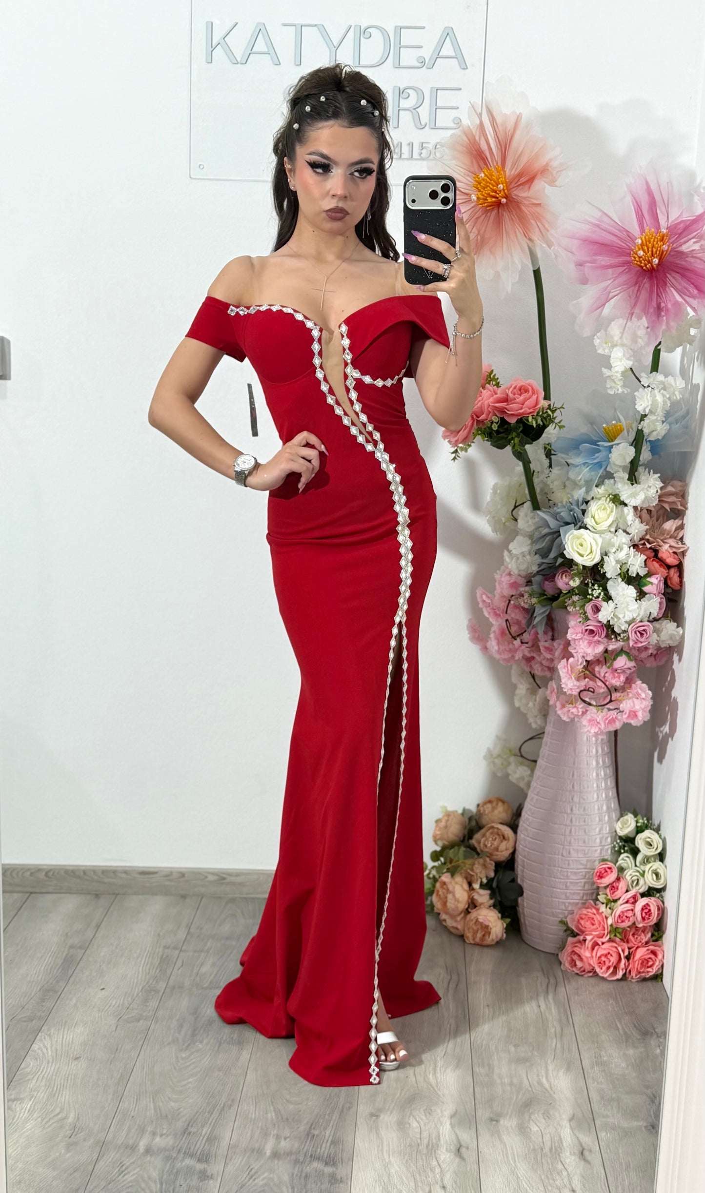 Rochie rosie lunga tip sirena Katherine