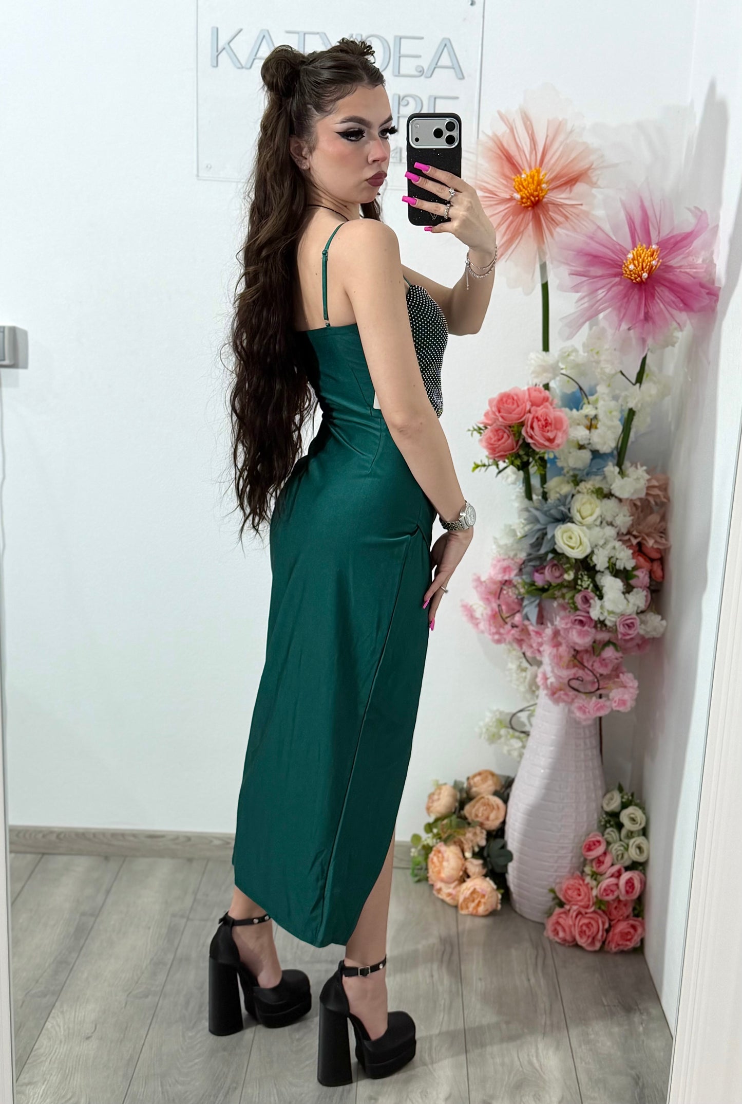 Rochie midi cu cristale verde smarald DELIA