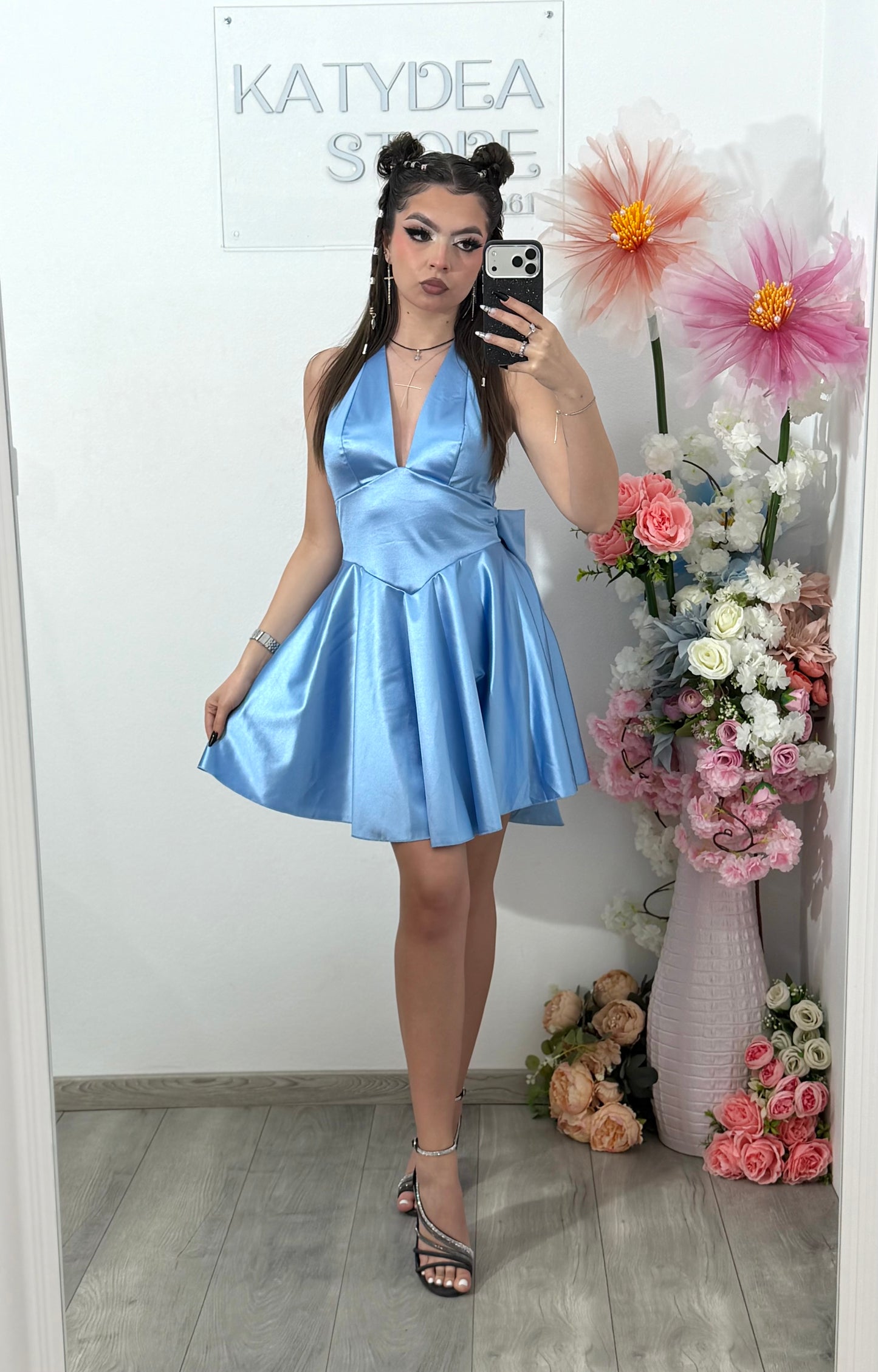 Rochie satinata cu funda BELLE babyblue
