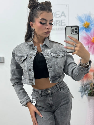 Geacă din denim cu cristale ștanțate gri Lorena