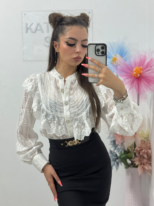 Cămașă cu dantelă și perle albă Elena