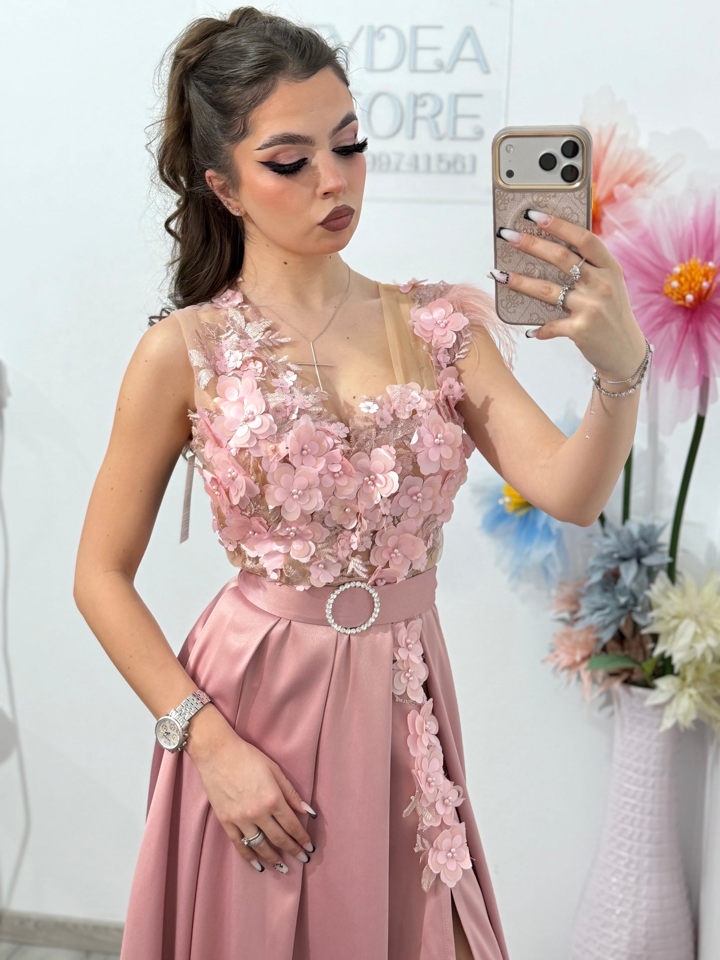 Rochie lunga din tafta roz Gabrielle