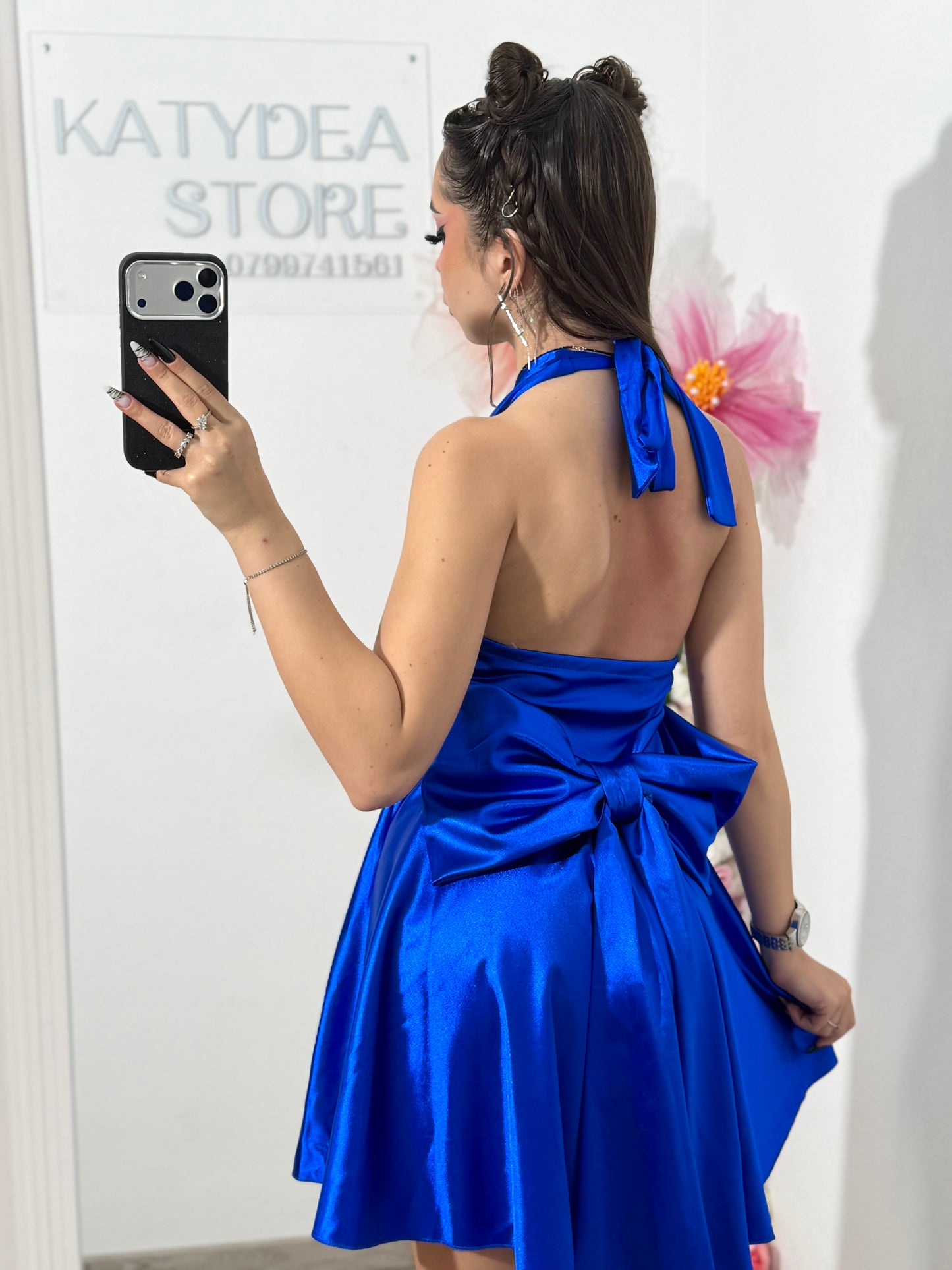 Rochie satinata cu funda BELLE albastru electric