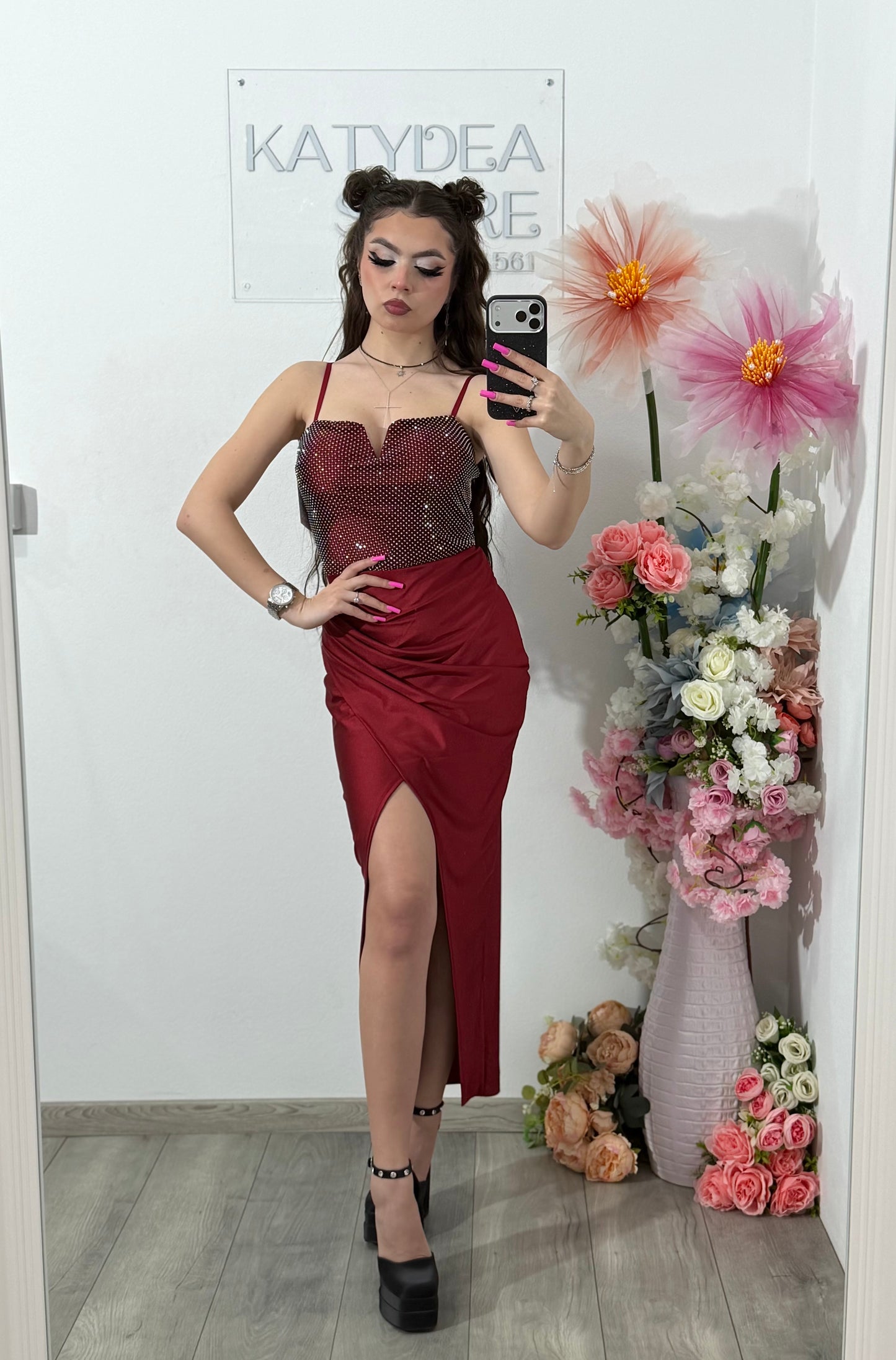 Rochie midi cu cristale grena DELIA