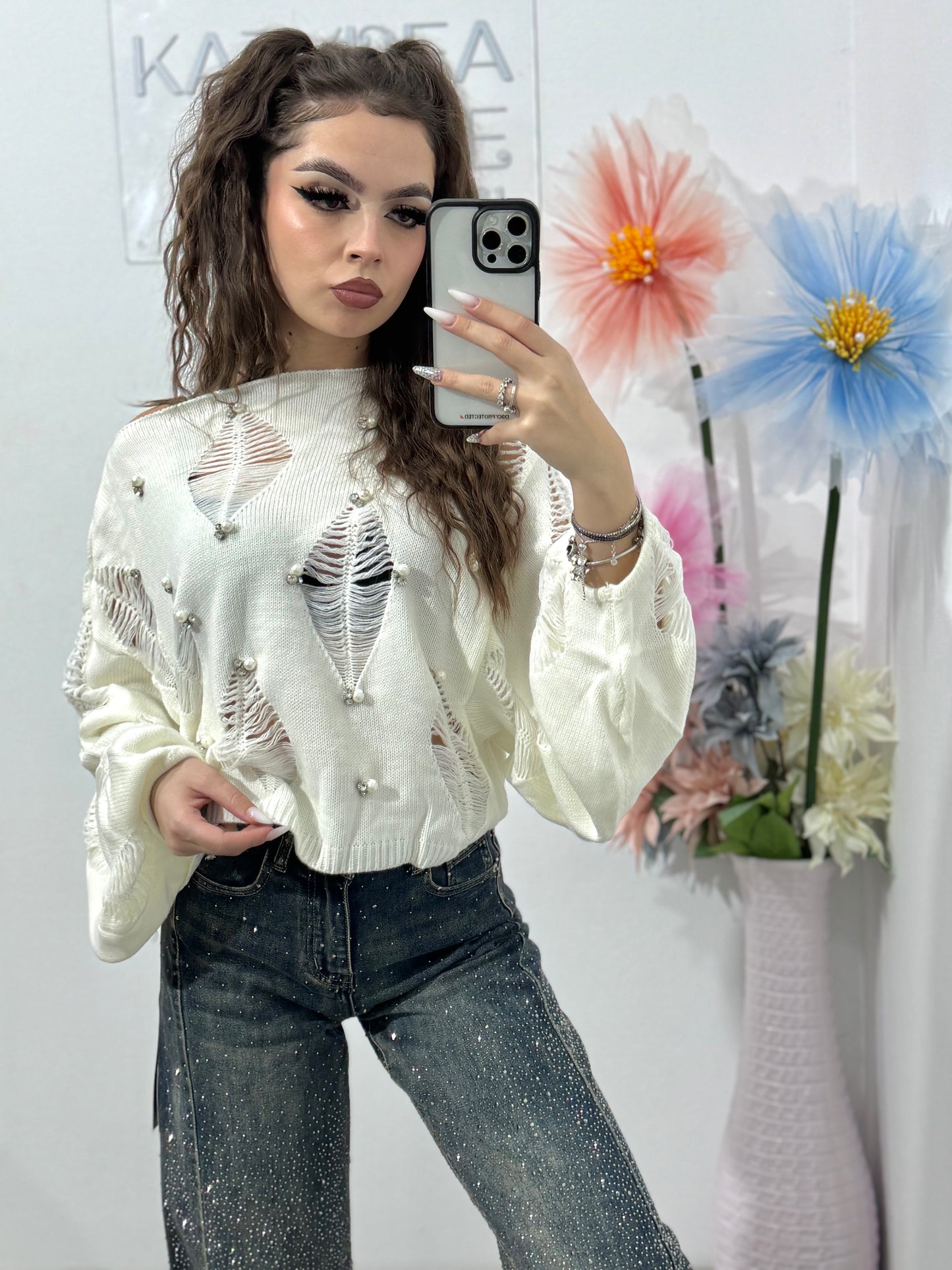 Pulover perforat cu perle și cristale RALUCA