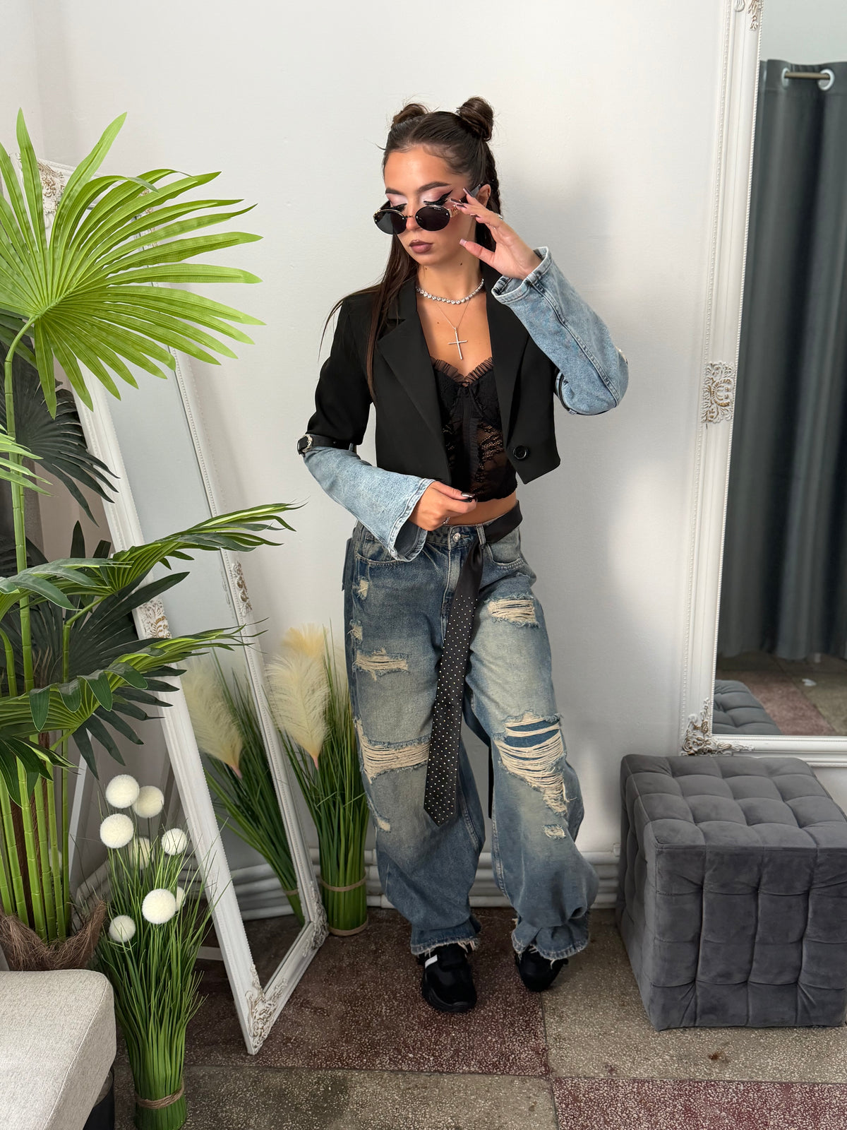 Sacou crop cu mânecă din denim