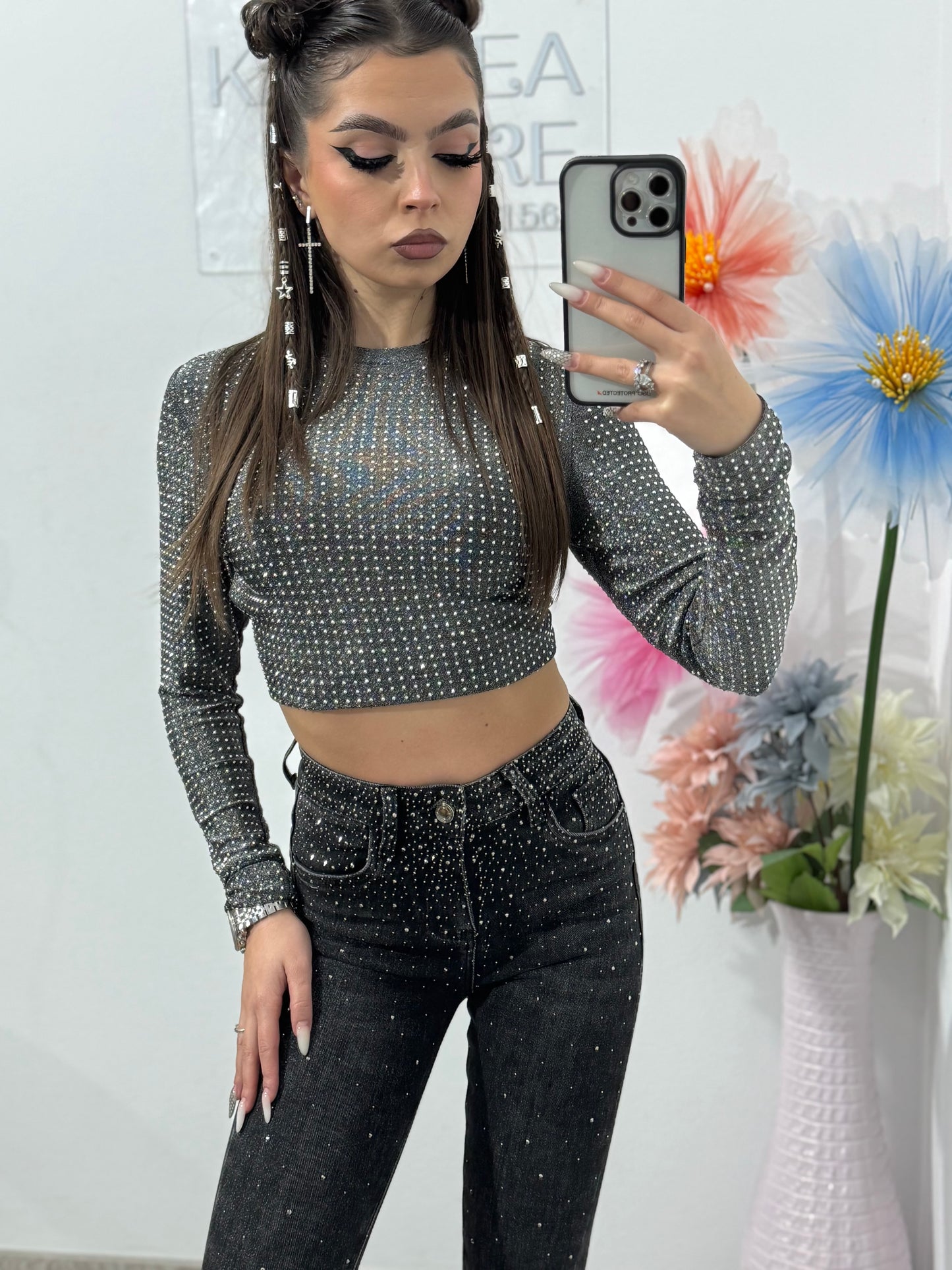 Jeans skinny gri cu cristale ALINA