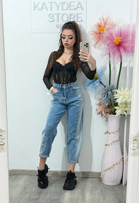 Blugi momfit albaștri cu cristale CARLA