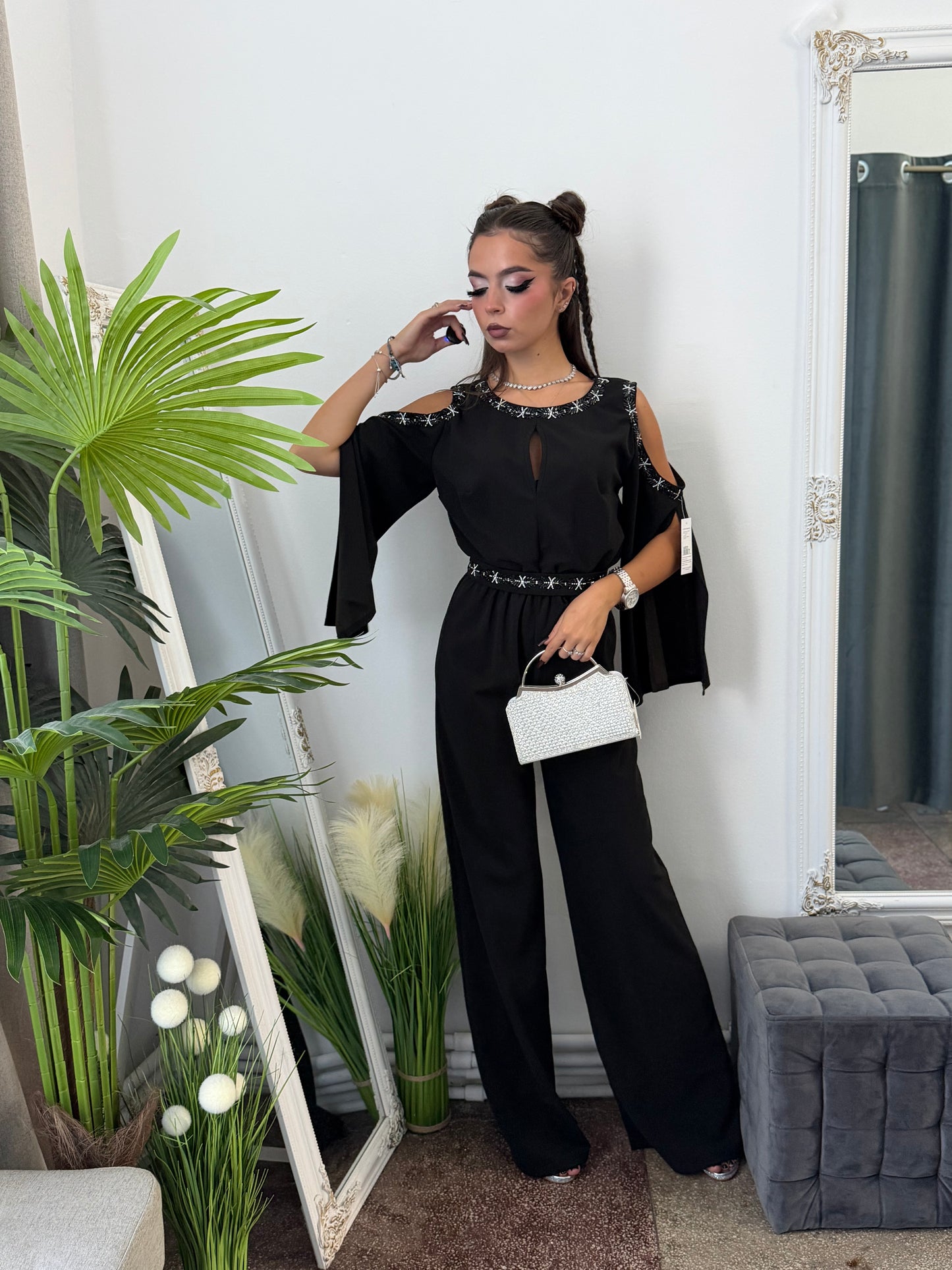 Salopetă elegantă neagra cu detalii argintii ELSA