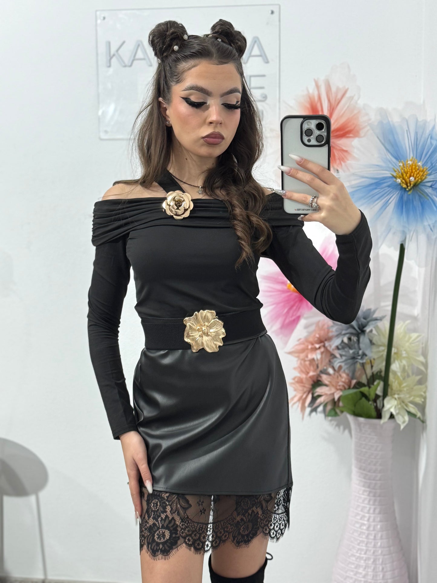 Fustă din imitație de piele și dantelă ELIZA