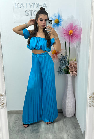 Compleu cu pantaloni plisați satinat bleu Larissa