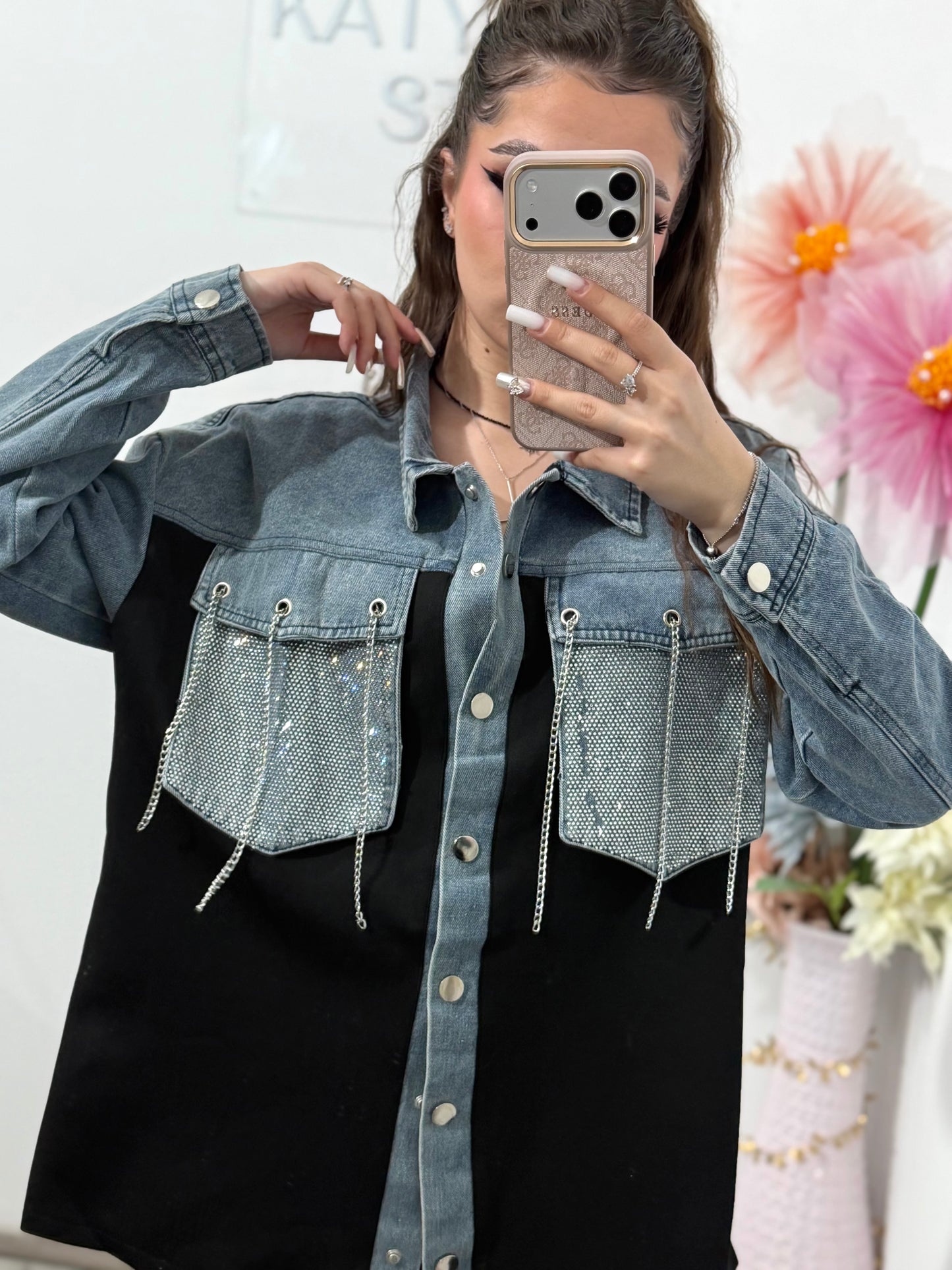 Camasa tip jacheta cu insertii denim si cristale