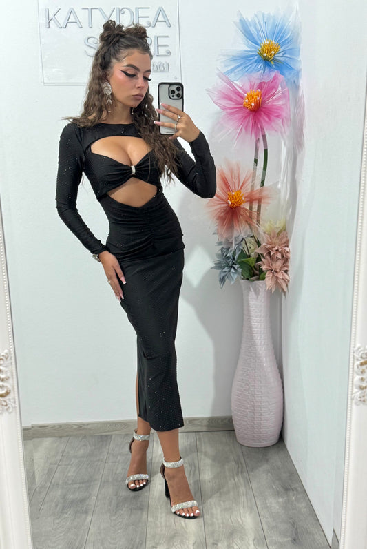 Rochie midi neagra cu cristale negre ștanțate Glam