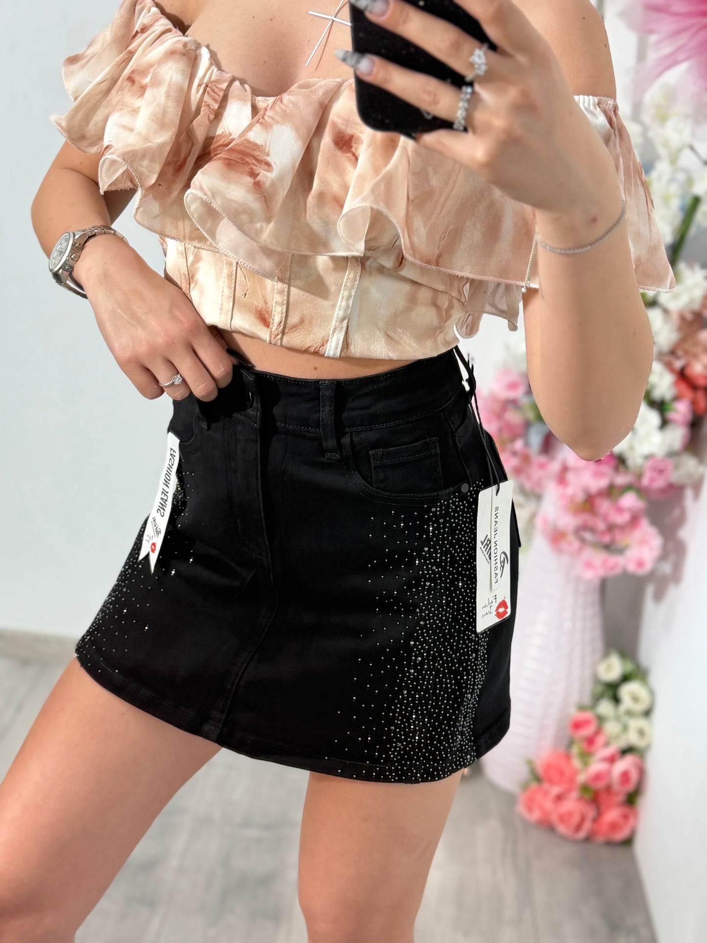 Fusta pantalon din denim negru cu cristale argintii
