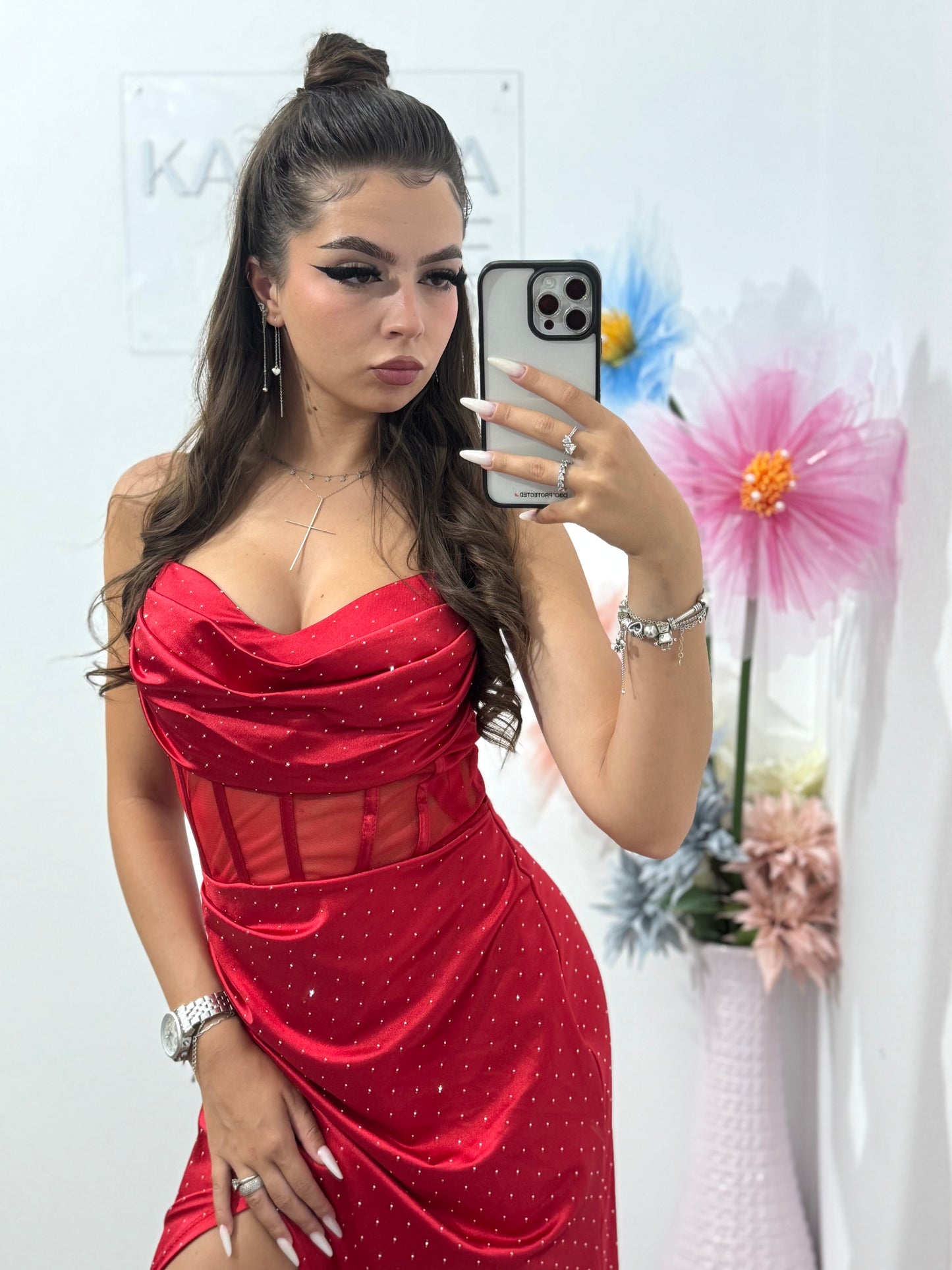 Rochie elegantă cu corset și cristale roșie Alice