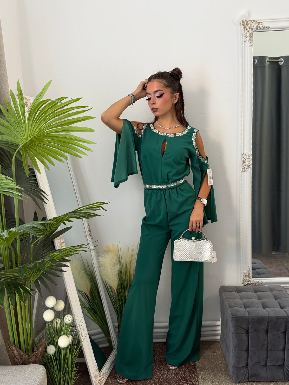 Salopetă elegantă verde cu detalii argintii ELSA
