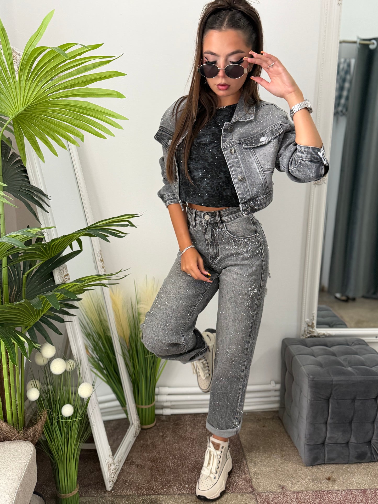 Jeans WideLeg gri cu cristale ștanțate CAMY