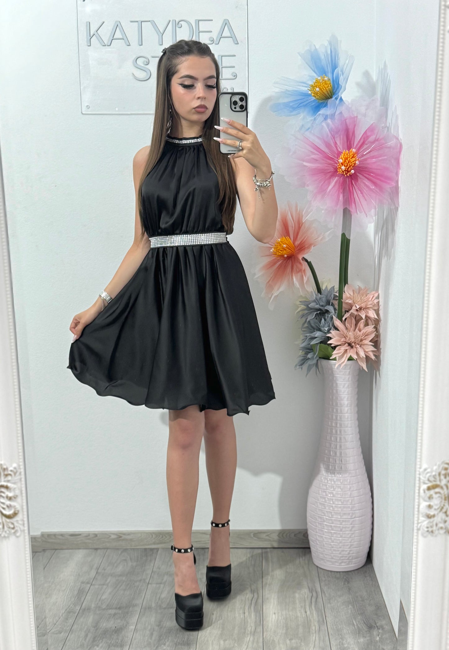 Rochie din satin neagră Anastasia
