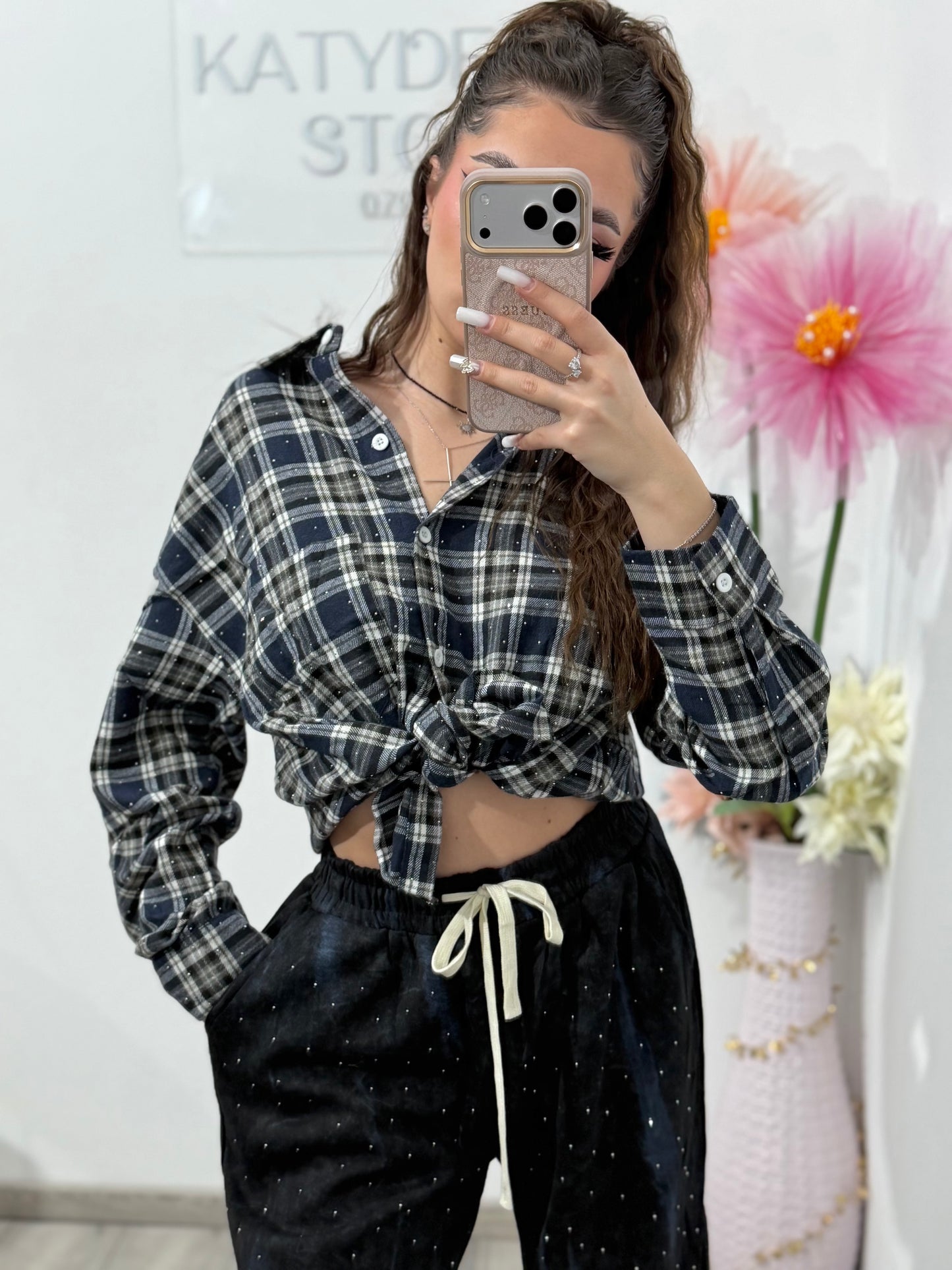 Cămașă în carouri cu cristale ștanțate XONIA