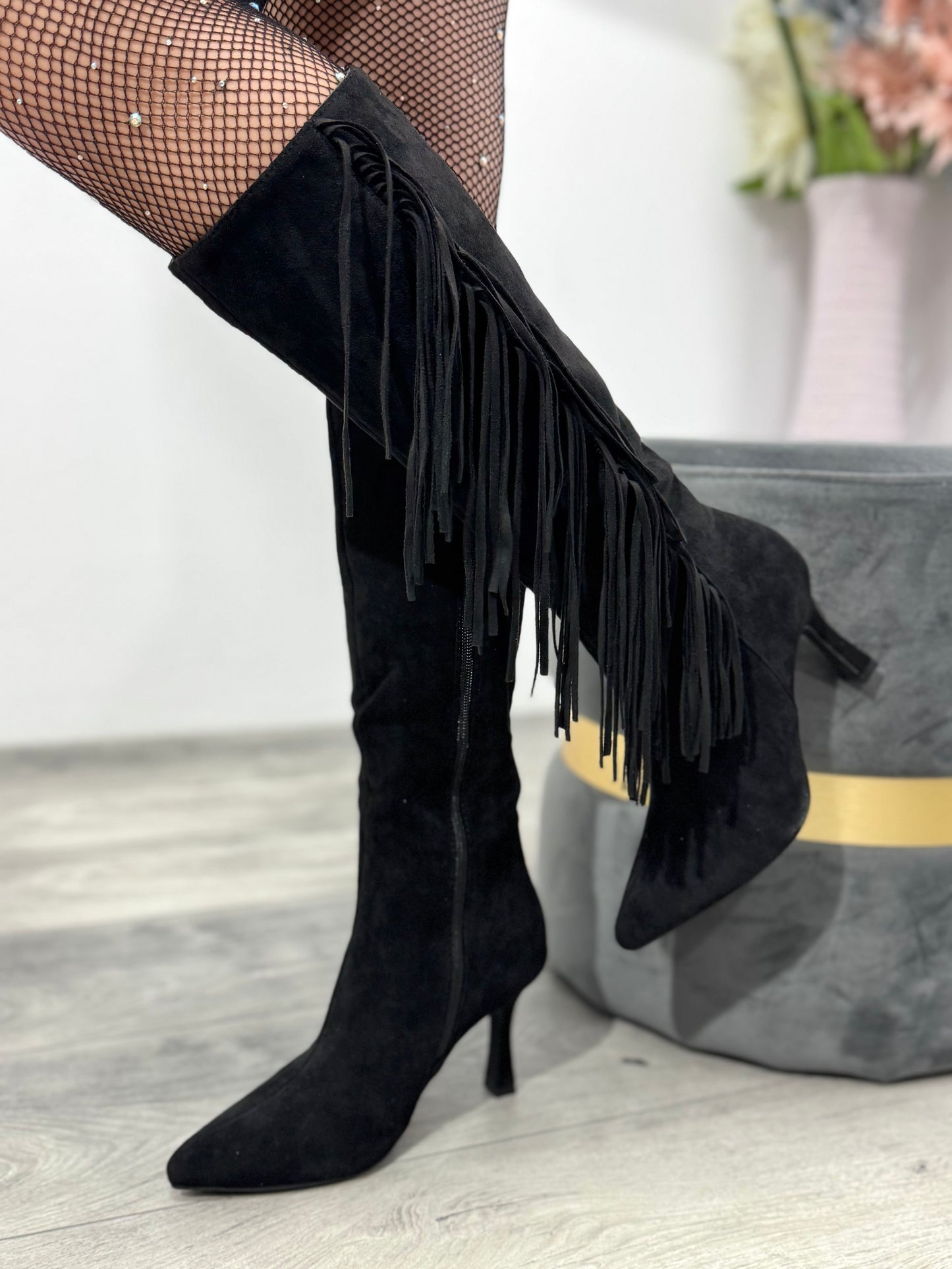 Cizme cu franjuri și toc subtire ANNA