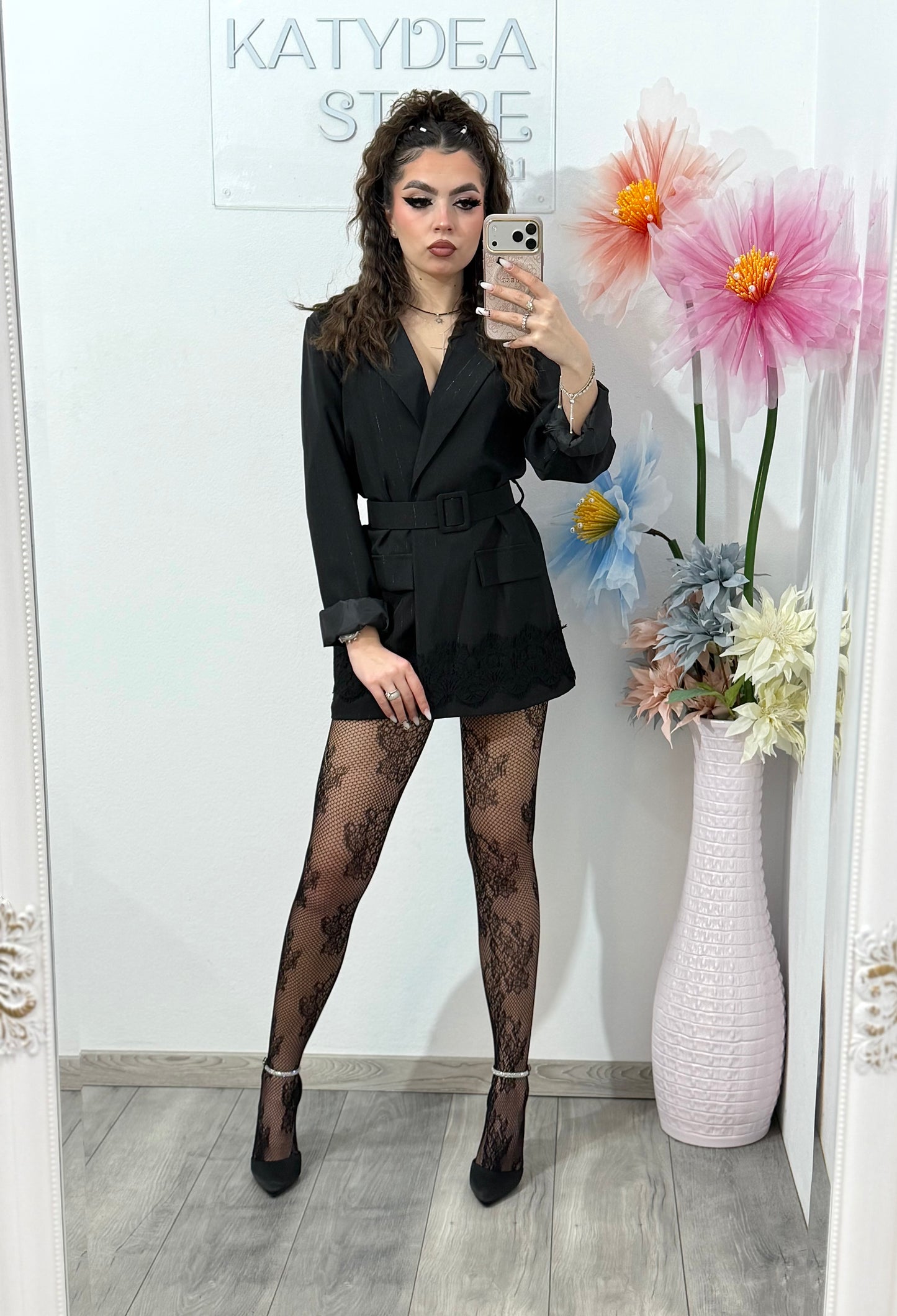 Sacou cu dantelă și curea negru ANDREEA