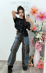 Pantaloni din denim cu imprimeu leopard OANA