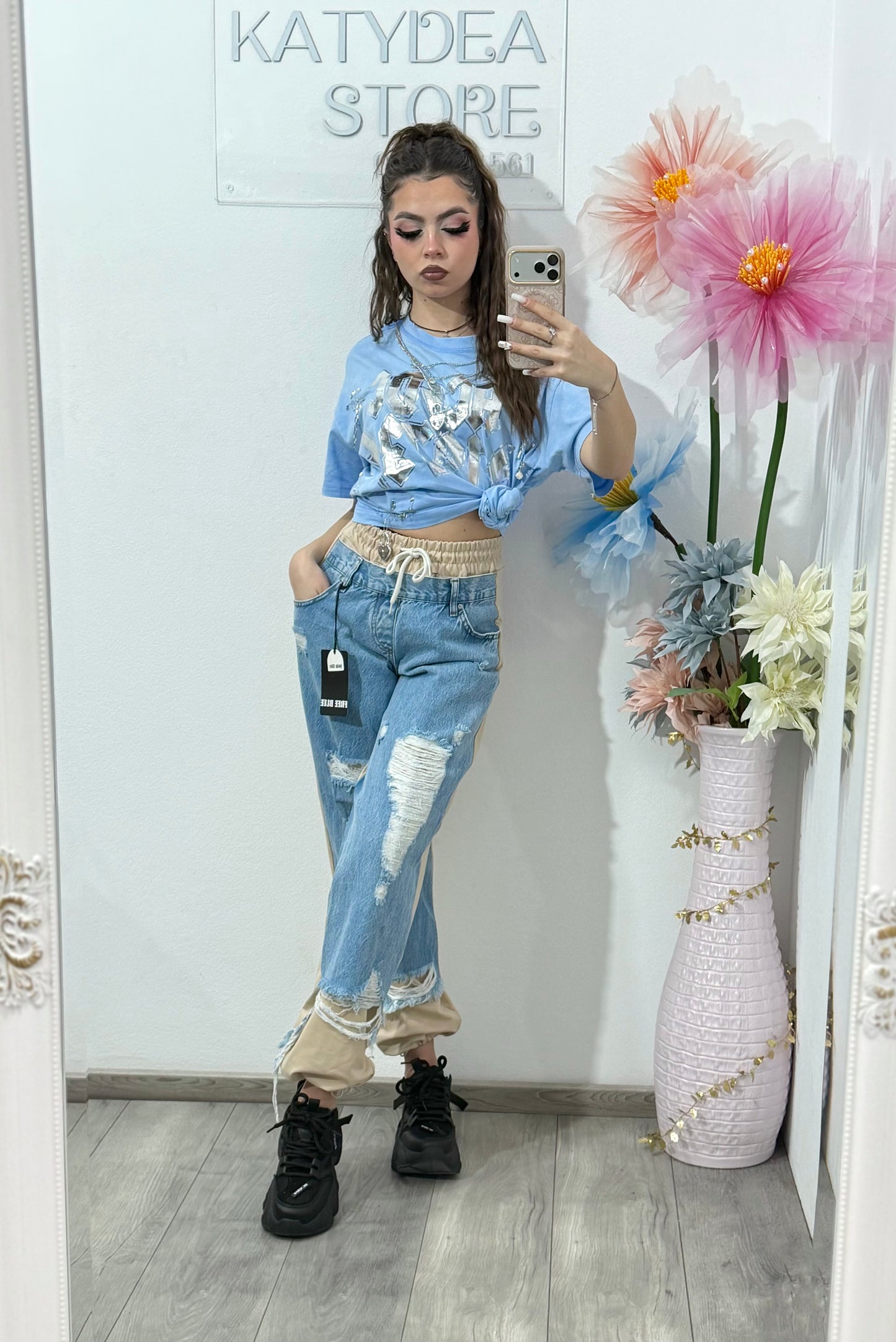 Pantaloni jeans cu design patchwork & efect ripped ALICE